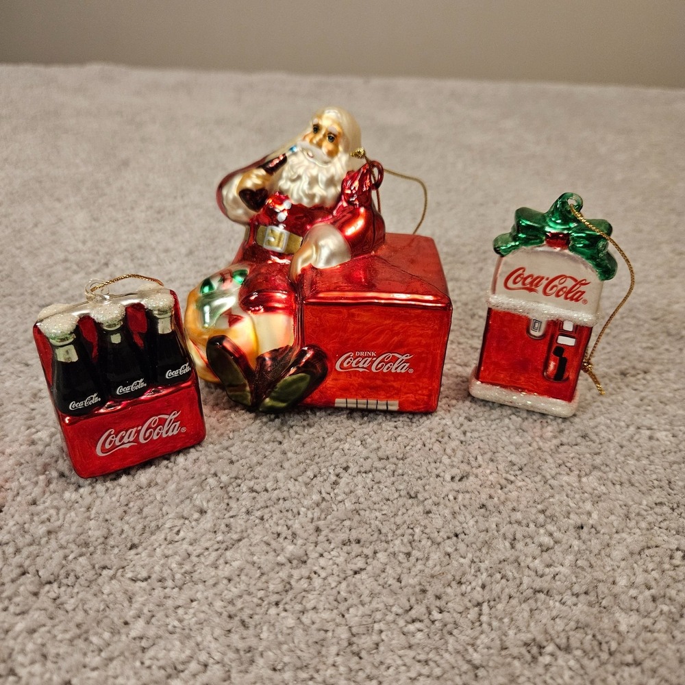 Vintage Coca-Cola Glass Christmas‎ Ornaments Lot of 3 Santa Bottles Vending